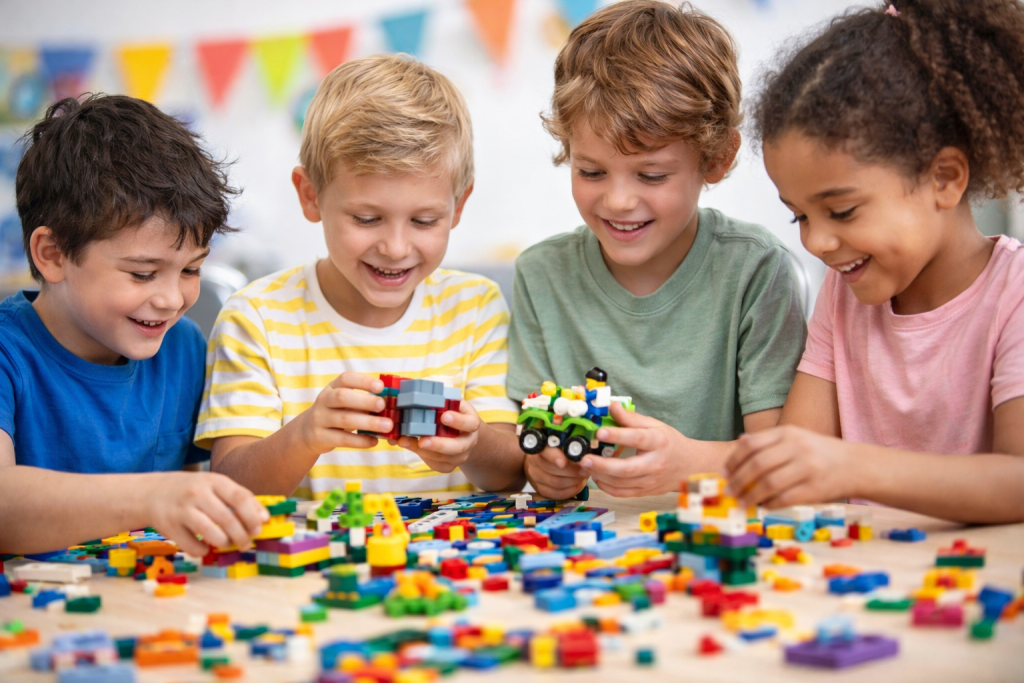children enjoying a brick-building birthday party in Kapiti Coast Wellington