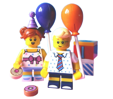 Toy figures dressed for a birthday party holding balloons